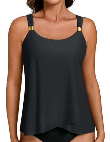 Hanna Nikole Damen Tankini Badeanzug Oberteil,Tankini Top mit Integriertem BH,Bauchweg Ruffle High Waisted Oberteil,Push Up Bademode U-Ausschnitt Badeanzüge,No Bottom Schwarz XL