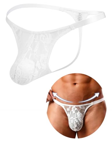 comeondear Durchsichtige String Tanga für Herren Spitzen Unterwäsche Weiß,L