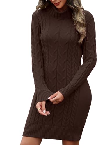 heekpek Strickkleid Damen Herbst Winter Rollkragen Pulloverkleid Langarm Strickkleider Elegant Bodycon Kleid Zopfmuster Warme Winterkleider, Kaffee, M