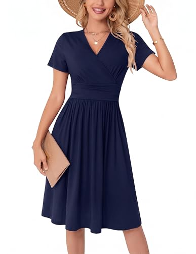 WUWUSKY Sommerkleid Damen Kurzarm V-Ausschnitt Knielang Midi Kleid mit Tasche Freizeit Kleider A Linie Leicht Casual Dress Sommer wickelkleid,Marineblau,S
