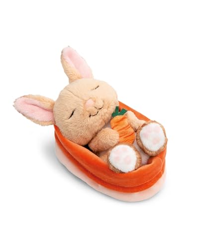 NICI Kuscheltier Hase mit Karotte 12cm schlafend im Körbchen - braun - Stofftier aus weichem Plüsch, niedliches Plüschtier zum Kuscheln und Spielen, für Kinder & Erwachsene - 61584
