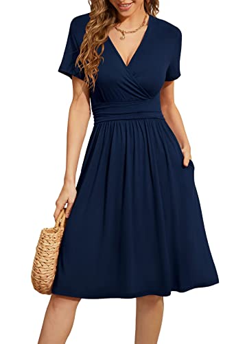 Actcat V-Ausschnitt Kleid Kurzarm Casual Kleider Sommerkleid Floral Party Kleid mit Taschen Kleider elegant blusenkleid Damen blusenkleid Damen Kleid a Linie