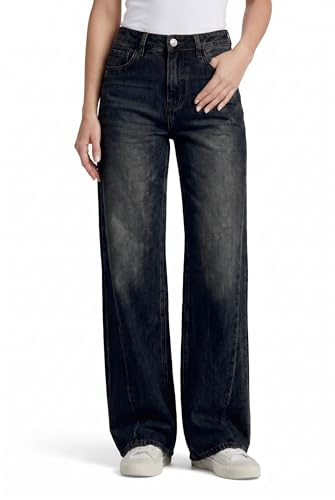 Cicy Bell Damen Baggy Jeans Wide Leg Jeanshosen Hoch Taille Denim Hosen mit Taschen Schwarz 40