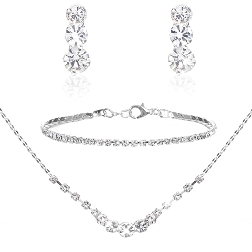 Gjinxi Silber Schmuck-Set für Frauen, Strass Halskette Armband Dangle Ohrringe Set, Kristall Braut Hochzeit Partei Schmuck-Sets für Braut Brautjungfer Formale Halloween Kostüm Zubehör