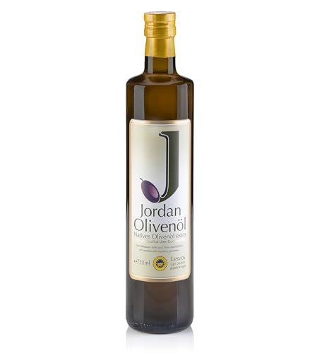 Jordan Olivenöl – Natives Olivenöl Extra - Flasche - 750 Milliliter - Öl kaltgepresst - griechische Oliven von Lesbos aus Jordans Olivenhainen - Ölflasche mit integriertem Ausgiesser & Tropfschutz