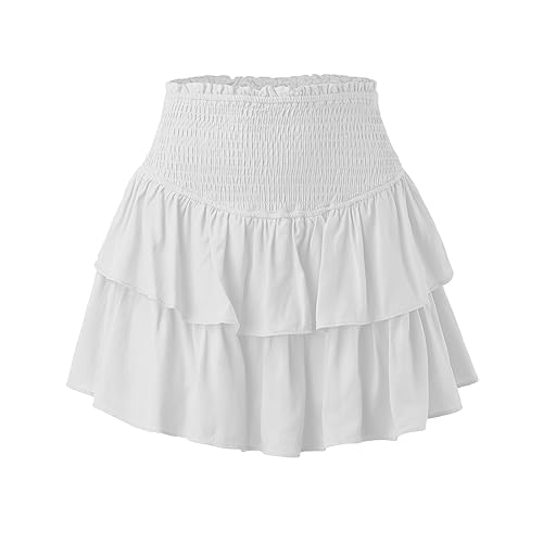 Faltenrock Damen Kurz Mini Sexy Weißer Mit Rüschen Minirock Mit Hose Drunter Rüschen Shorts Elastischer Im Ballettstil Für Party (0-White, S)