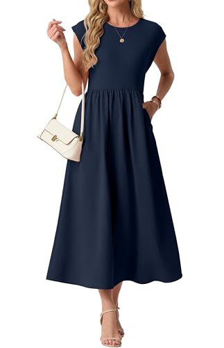 GRECERELLE Sommerkleid Damen Flügelärmel Elegantes A-Linien Kleid Damen mit Taschen Leichtes Midikleid Damen für Sommer & Freizeit Damen Kleider für Urlaub und Alltag (Marineblau, M)