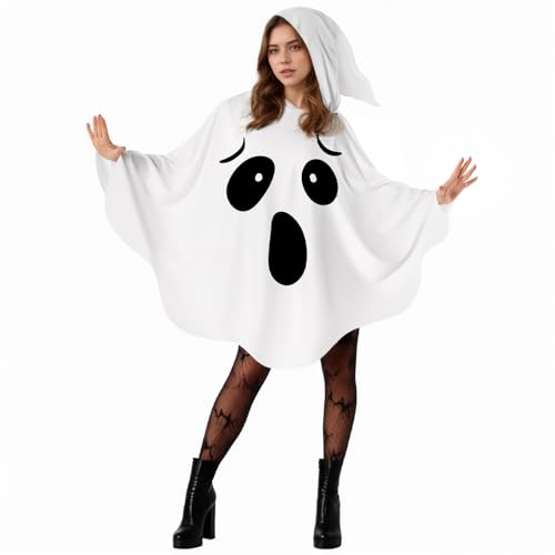 Beafaeur Weißes Geistercape mit Kapuze, Halloween Kostüm Erwachsene Geist Kostüm Damen für Halloween Feiern Horror Cosplay Kostüm