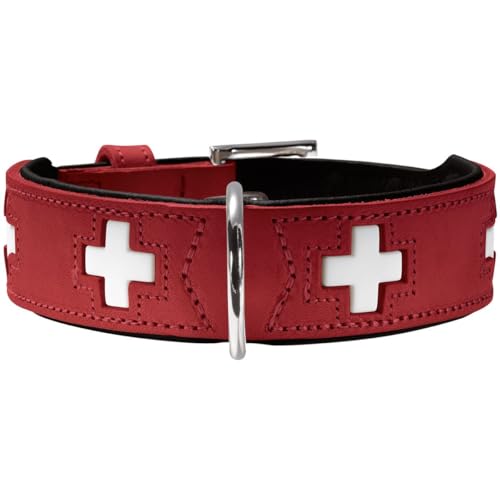 HUNTER Hundehalsband SWISS, Farbe: rot/schwarz, weiches Rindnappaleder, handvernähte Schweizer Kreuze, langlebig und komfortabel, hochwertige Handarbeit, Made in Germany, Größe: M-L (60)