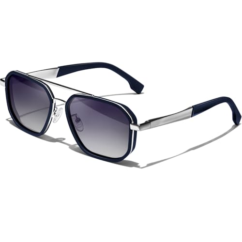 KANASTAL Sonnenbrille Herren Polarisiert Retro Klassische Quadratisch Sonnenbrillen mit Premium Metallrahmen UV400 Schutz, Matt Blau Silber Rahmen Schwarz Gläser