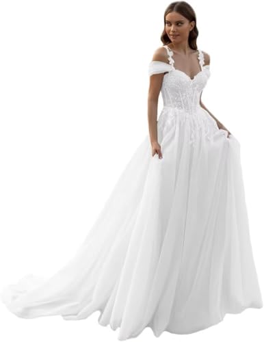 IUYRESX Hochzeitskleid Damen Tüll Brautkleider Lang Elegant Hochzeitskleider Prinzessin Glitzer Mit Spitze V-Ausschnitt Trauung Kleid Ärmellos Weiß 36