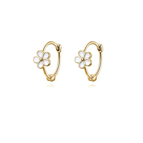 Reffeer 925 Sterling Silber Gänseblümchen-Creolen für Damen, kleine Huggie-Ohrringe, Blumen-Ohrringe, Creolen (B-18K Gold Plated)