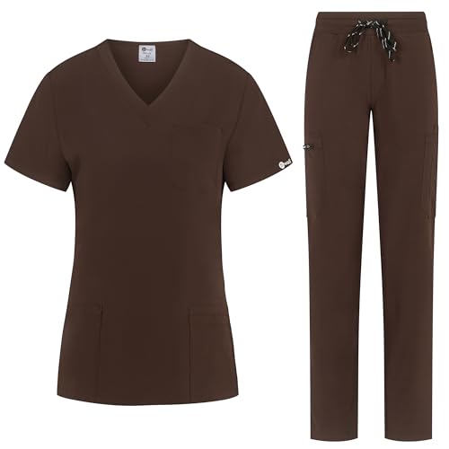 B-well BELLA Damen-Schrubb-Set Schlupfkasack + Schlupfhose Set Medizin Arzt Uniform Schlupfjacke Oberteil mit Hose Medizinische Berufsbekleidung mit Elastan (Braun, M)