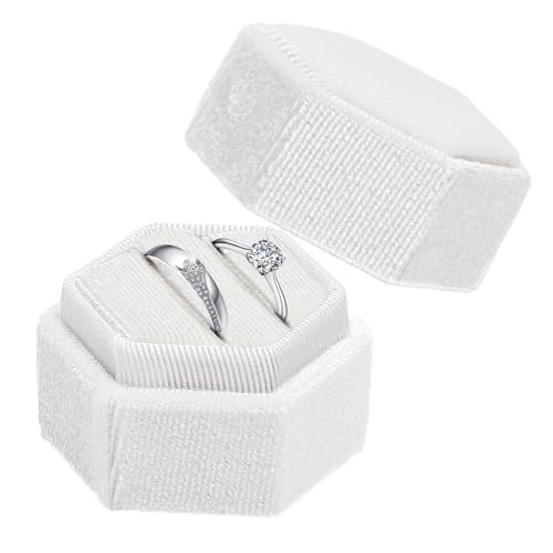 APOMOONS Ringbox Hochzeit 2 Slot,Sechseck Samt Ring Schatulle Doppelschlitz Schmuck Ringbox Weißes Ringkästchen Mit Abnehmbarem Deckel Ringschachtel für Verlobung, Zeremonie, Hochzeit, Valentinstag