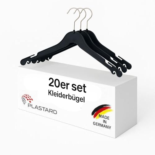 Plastard Kleiderbügel A43 20er Set schwarz Garderoben Bügel Kleiderschrank platzsparend für Hemden, Hosen, Röcke, Blusen, T-Shirt mit Rockbügel in schwarz