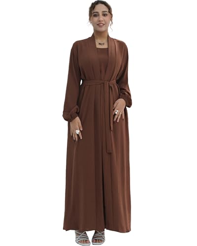 Zofocy Elegant Muslim Two-Piece Long Abaya - Belted Design, Side Pockets, Islamic Prayer Dress, Women Eid Clothes