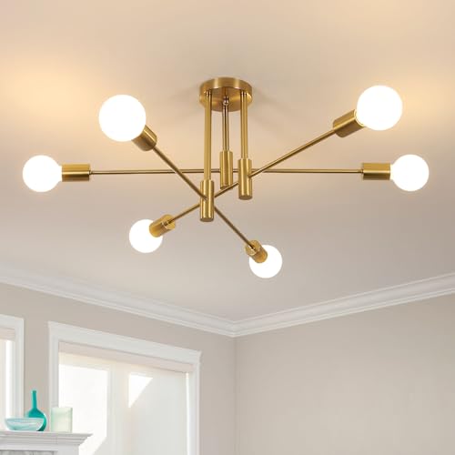 Goeco Vintage Deckenleuchte 6 Flammig E27 Fassung Max. 60 W Gold Kronleuchter Retro Sputnik Deckenlampe für Schlafzimmer Wohnzimmer Küche, Glühbirnen Nicht Inbegriffen