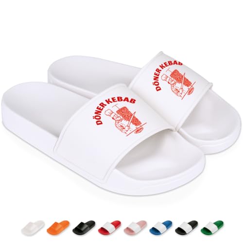 Prozente Momente Döner Kebab - Lustige Badelatschen für Herren & Damen – Bequeme Schlappen & Hausschuhe für Strand, Pool und Dein Malle-Outfit | Weiß Gr. 43