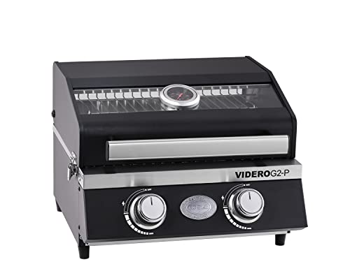 RÖSLE Gasgrill BBQ-Portable VIDERO G2-P, tragbarer Tischgrill mit 2 Edelstahlbrennern, Warmhalterost und Deckel mit Glaseinsatz sowie Deckelthermometer, pulverbeschichteter Stahl, 50 mbar, schwarz