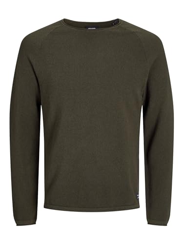 JACK & JONES Herren Strickpullover Rundhals Basic Langarm Sweater Baumwolle Shirt JJEHILL, Farben:Olive,Größe Pullover:L
