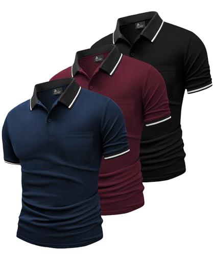 SwissWell 3er Pack Poloshirt Herren Kurzarm Golf Polo Shirts Männer Atmungsaktiv T-Shirt für Herren, Schwarz+Burgunderrot+Marineblau L