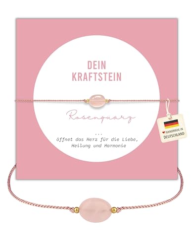 happymaker - Rosenquarz Armband Damen, handgemacht in Deutschland, Edelstein Armband rosa mit vergoldeten Perlen, Geschenkverpackung, Glücksbringer & Aufmunterung Geschenk für Frauen