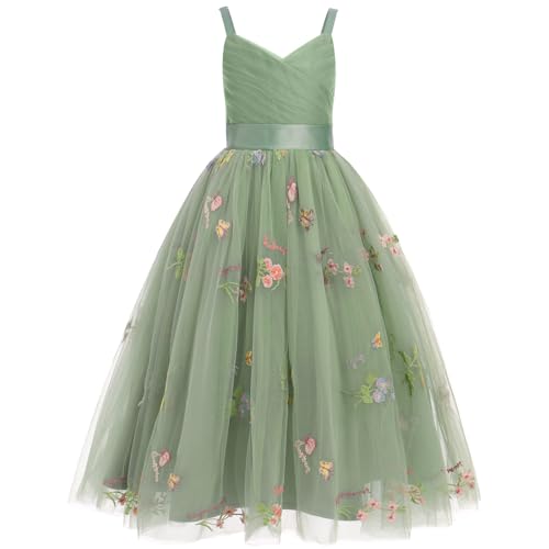 Odizli Blumenmädchenkleider Prinzessin Kleid Mädchen Kinder Ärmellos V-Ausschnitt A-Linie Tüllkleid Festlich Hochzeit Erstkommunion Kommunionkleid Abendkleid Lang Ballkleid Grün Stickerei 10 Jahre