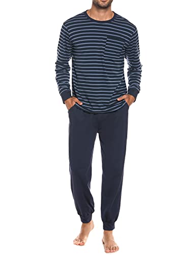 Sykooria Herren Schlafanzug lang mit Bündchen aus Baumwolle Zweiteiliger Pyjama Herren lang, Langarm Shirt & Schlafanzughose, Blau 3XL