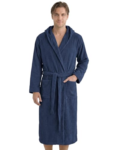 LAYNENBURG Bademantel Herren Frottee aus 100% Baumwolle - OEKO TEX Standard - weicher Morgenmantel waden-lang mit Kapuze, Bindegürtel und aufgesetzten Taschen - für Sauna & Zuhause (M blau)