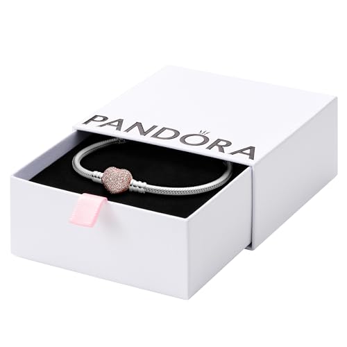 PANDORA Pavé-Herz-Verschluss Schlangen-Gliederarmband mit Sterling-Silber und 14 Karat rosévergoldete Metalllegierung, Cubic Zirkonia Steinen aus der PANDORA Moments Collection, 19cm