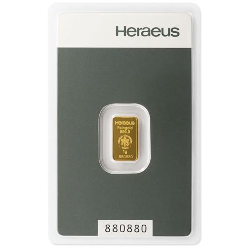 Goldbarren 1g - 1 Gramm Gold - Heraeus - Feingold 999.9 - Prägefrisch - LBMA zertifiziert