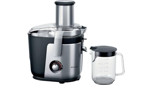 Bosch XXL Entsafter, für Obst und Gemüse, große Mengen, XXL Einfüllschacht, schnell, kein Vorschneiden, 1,25l Saftbehälter, leichte Reinigung, spülmaschinenfest, 1200 W, silber, VitaJuice 4 MES4010