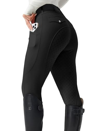 FitsT4 Sports Reithose Damen Reitleggings Silikon Vollbesatz Reithose Stretch Reiten Hosen Sommer mit 3 Seitentaschen und Gürtelschlaufen