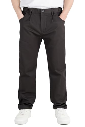 CAMLAKEE Kinder Chinohose Jungen Chino Stoff Hose mit Gummizug Reißverschluss Straight Fit Jungshose Schwarz DE: 140-146 (Herstellergröße 140)