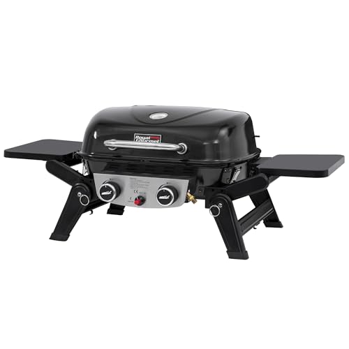 Royal Gourmet 2-Brenner Tragbarer Gasgrill, 5 kW Tischgrill mit klappbaren Seitentischen, portabler BBQ Grill für Balkon, Terrasse, Garten Schwarz