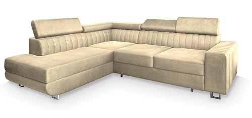 Masseno Ecksofa NOLA L-S mit Schlaffunktion L-Form, Sofa mit Bettkasten, Wohnzimmersofa, Couch, Soffa, Bettsofa, Couchgarnitur- Creme, Monolith 04