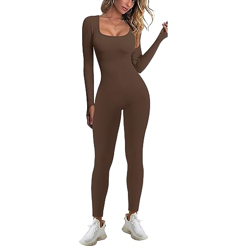 JN JANPRINT Jumpsuit Damen Sport Bodysuit Gerippte Lang Eng Yoga Bodycon Overall Stretch Langarm Strampler Sportanzug Playsuit Trainingsanzug One-Piece(Braun,M)