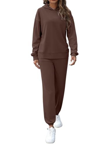 REORIA Damen Baumwolle Kapuzenpullover und Jogginghosen Zweiteiler Jogginganzug Elegant Langarm Trainingsanzug Hausanzug Sport Set Lounge Set Kaffee M