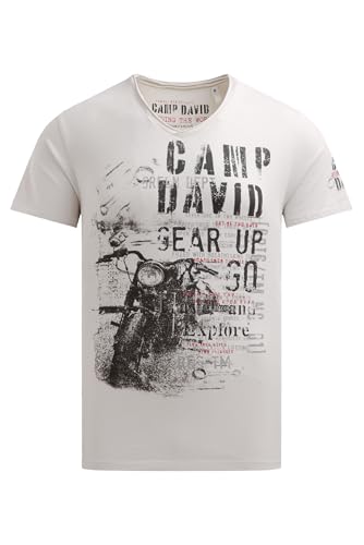 Camp David Herren T-Shirt V-Neck im Used Look mit Photoprint Ash, M