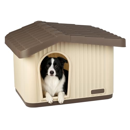 VOUNOT® Katzenhaus & Hundehütte Indoor Outdoor, Winterfest und Wetterfest, schräges Dach, mit Belüftung und rutschfesten Füßen, Haustierhaus für Katze, Hund und Kaninchen, 75 x 63 x 51 cm, Beige