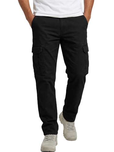 Runcati Herren Hose Regular Fit Cargohose Männer Einfarbig Casual Freizeithose Baumwolle Elastische Taille Jogginghose Outdoor Sporthose mit Taschen Schwarz M