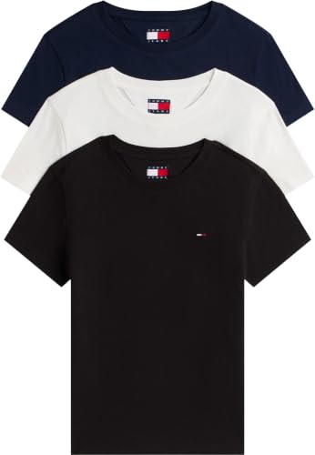 Tommy Jeans Damen 3er Pack T-Shirts Kurzarm Set mit Rundhalsausschnitt, Mehrfarbig (Black/Ecru/Dark Night Navy), S
