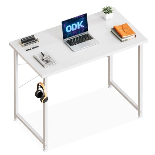 ODK Kleiner Schreibtisch, 80×40cm Computertisch Bürotisch Mit Kopfhörer Halter, Schreibtisch Klein Weiß Arbeitszimmer Holz PC Tisch Officetisch Für Home, Office