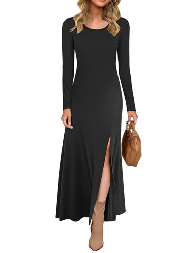 AUSELILY Damen Langarm Maxikleid - Kleid Langarm Lang Herbstkleid Winterkleid Schlitz Elegant Schwarz XL