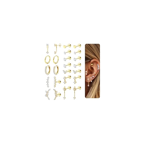 Adramata 12 Paar Ohrringe Gold Set Hypoallergen Chirurgenstahl Ohrringe für Damen Klein Ohrring Creolen Flatback Medizinische Ohrstecker Set Gold Silber Knorpel Conch Tragus Helix Piercing