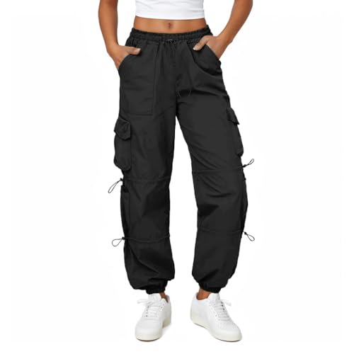 Friptspyg Cargohose Damen Leichter Trekkinghose mit Tasche Wanderhose Schnelltrocken Wasserdicht Einstellgurt Outdoor Hosen Sportlich Jogginghose, Schwarz M
