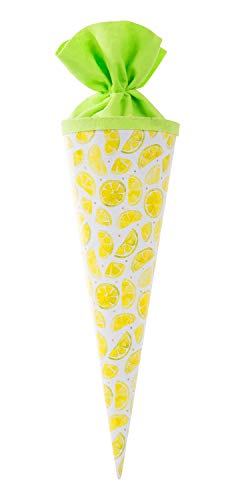 goldbuch 93 425 Geschwistertüte Zitrone, Schultüte mit Zitronenmuster, Lackkarton, Geschenkverpackung mit grünem Filzverschluss (ohne Verschlussband), Zuckertüte rund, Länge 35 cm, Ø 11,5 cm, Weiß