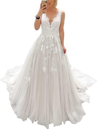 JAEDEN A-Linie Brautkleid Spitze Hochzeitskleider für Damen V-Ausschnitt Standesamt Kleider mit Schleppe Weiß 44