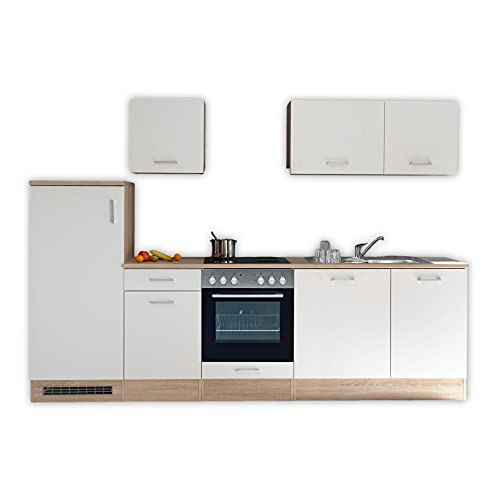 Stella Trading Moderne Küchenzeile ohne Elektrogeräte in Eiche Sonoma Optik, Weiß matt - Geräumige Einbauküche mit viel Stauraum - 280 x 195 x 60 cm (B/H/T)