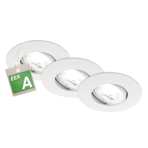 BRILONER - 3er Set EEK A LED Einbaustrahler 230V schwenkbar, je 2W bei 360lm und 50.000h Licht, neutralweißes Licht, LED Spot, flach, Deckenspots, Einbauleuchten, 68mm Lochmass, 90x24mm (DxH), Weiß